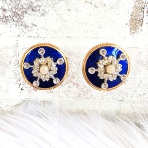 Vtg Cobalt Blue Faux Pearl Rhinestone Enamel Button Spindle Wheel Earrings